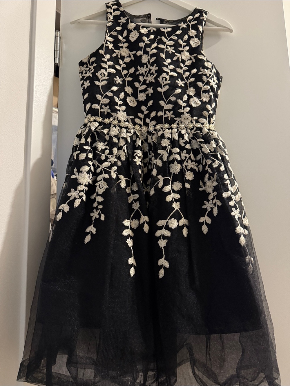 Girls Black Embroidered Floral Tulle Dress